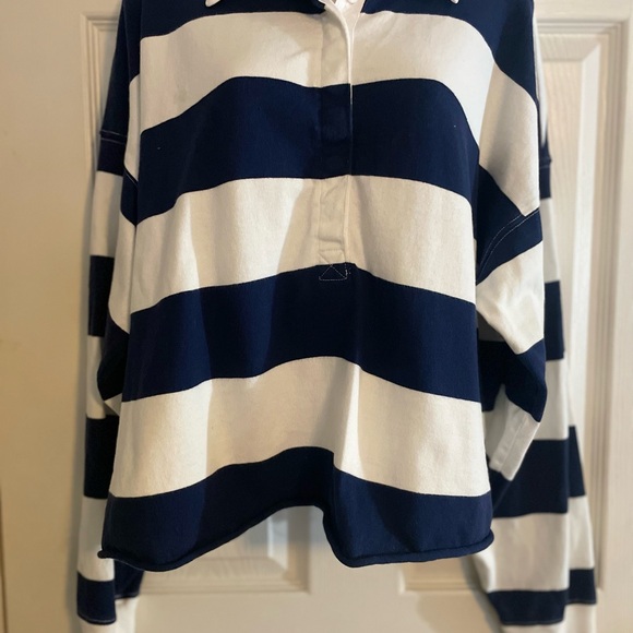 aerie Tops - Aerie Navy and White Cropped Rugby Top Size Large